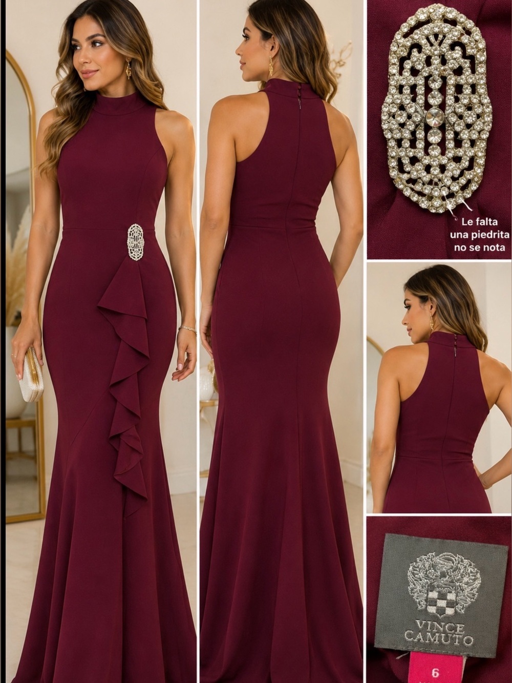 Vince Camuto Burgundy High Neck Ruffle Mermaid Gown Formal Dress Size 6